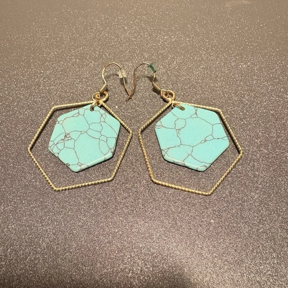 Gold Tone Turquoise Hexagon Dangle Drop Earrings